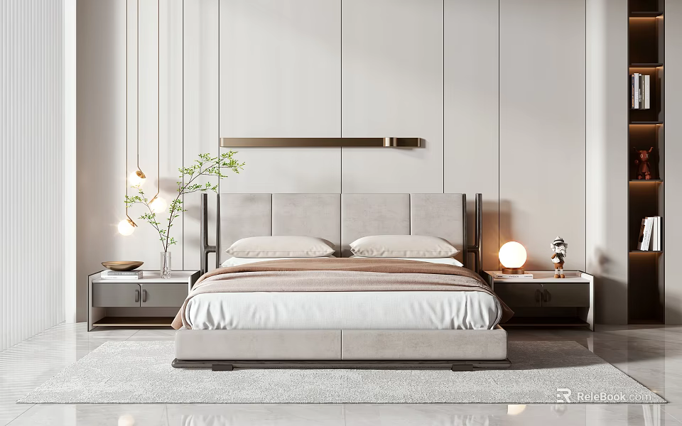 Modern Luxury Double Bed With Grey Headboard Nightstands Table Lamps Green Plant In Elegant Bedroom 3d model 