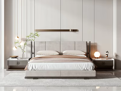 Modern Luxury Double Bed With Grey Headboard Nightstands Table Lamps Green Plant In Elegant Bedroom 3d model