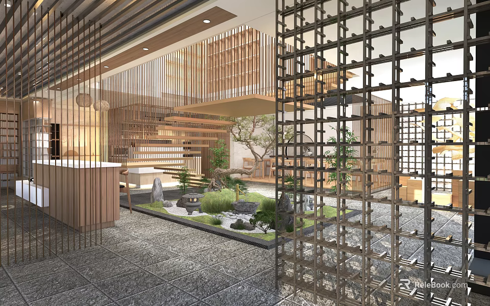 Traditional Tea House Interior With Wooden Lattice Courtyard Stones Green Plants Open Space 3d model 