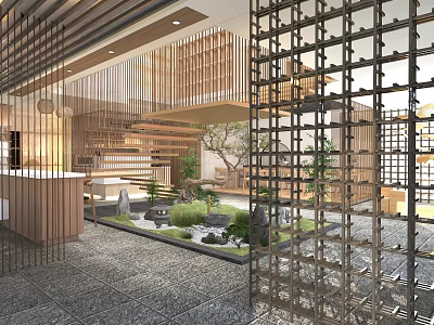 Traditional Tea House Interior With Wooden Lattice Courtyard Stones Green Plants Open Space 3d model