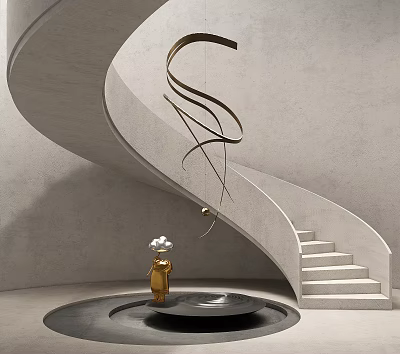 Modern Concrete Spiral Staircase With Gray Wall Golden Sculpture And Hanging Metal Ornament 3d model