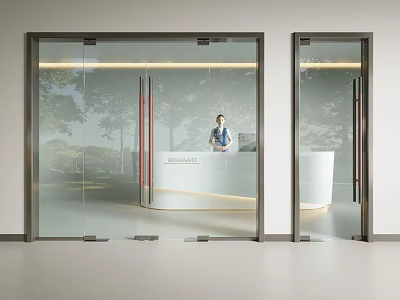 Glass Double Doors in Modern Reception Interior with Receptionist at Desk 3d model