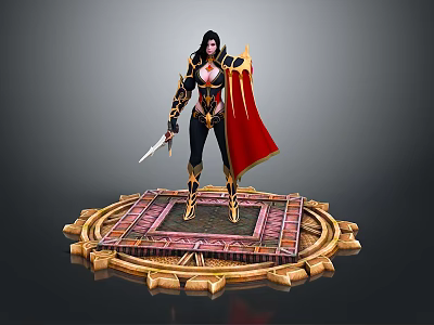 Female Game Movie Character In Black Red Outfit With Gold Accents Sword On Circular Ornate Platform 3d model