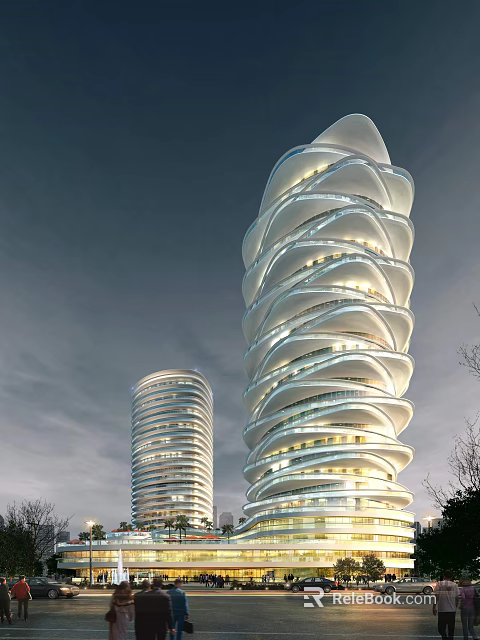 Modern Spiral Commercial Complex With Tall Towers And Night Lighting Design 3d model 