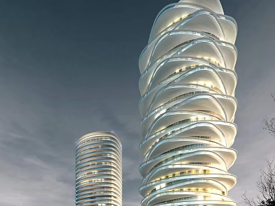 Modern Spiral Commercial Complex With Tall Towers And Night Lighting Design 3d model