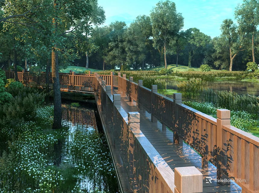 Wooden Bridge Surrounded by Trees and Grass Near Water with White Flowers and Reflection 3d model 