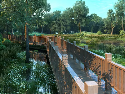 Wooden Bridge Surrounded by Trees and Grass Near Water with White Flowers and Reflection 3d model