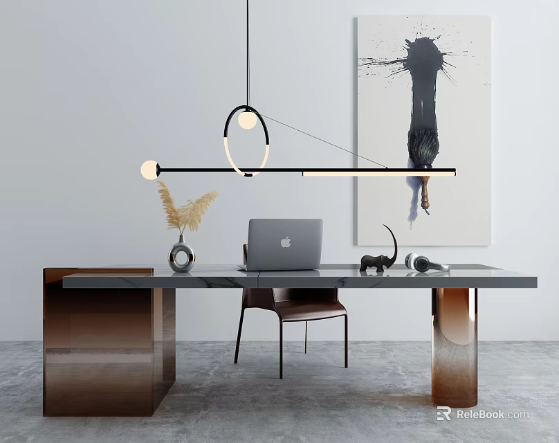 Modern Office Desk With Laptop Decorative Items Chair Abstract Painting And Pendant Light 3d model 