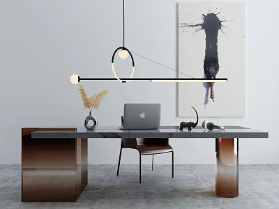Modern Office Desk With Laptop Decorative Items Chair Abstract Painting And Pendant Light 3d model