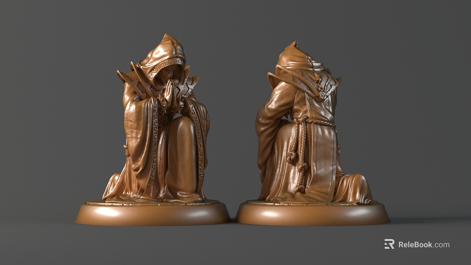 Copper Sculpture Art of Two Hooded Robed Kneeling Figures with Intricate Details and Base 3d model 