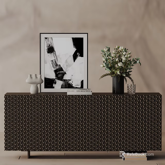 Modern Entryway Console Cabinet With Framed Artwork Vase Of Flowers And Decorative Items 3d model 