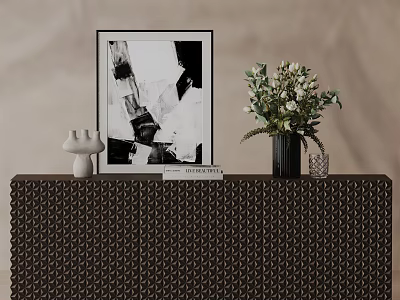 Modern Entryway Console Cabinet With Framed Artwork Vase Of Flowers And Decorative Items 3d model