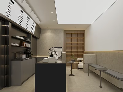 Café Interior Design With Black Counter Coffee Machine Bench Seating Shelves And Ceiling Lights 3d model