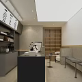 Café Interior Design With Black Counter Coffee Machine Bench Seating Shelves And Ceiling Lights