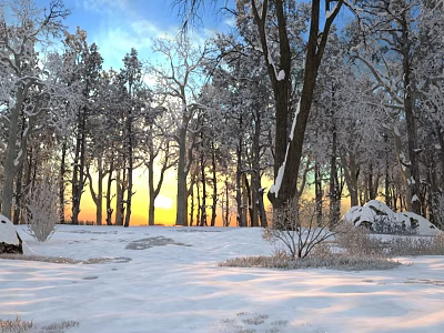 Snowy Landscape With Snow Covered Trees And Sunset Sky In Orange Blue Hues 3d model
