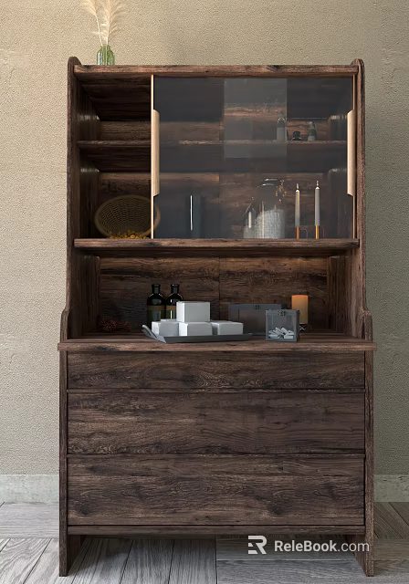 Modern Wooden Sideboard Interior With Glass Door Shelves And Decorative Items 3d model 