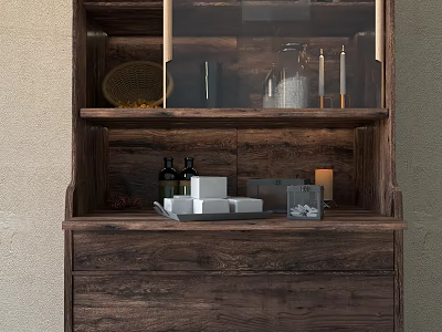 Modern Wooden Sideboard Interior With Glass Door Shelves And Decorative Items 3d model
