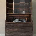 Modern Wooden Sideboard Interior With Glass Door Shelves And Decorative Items