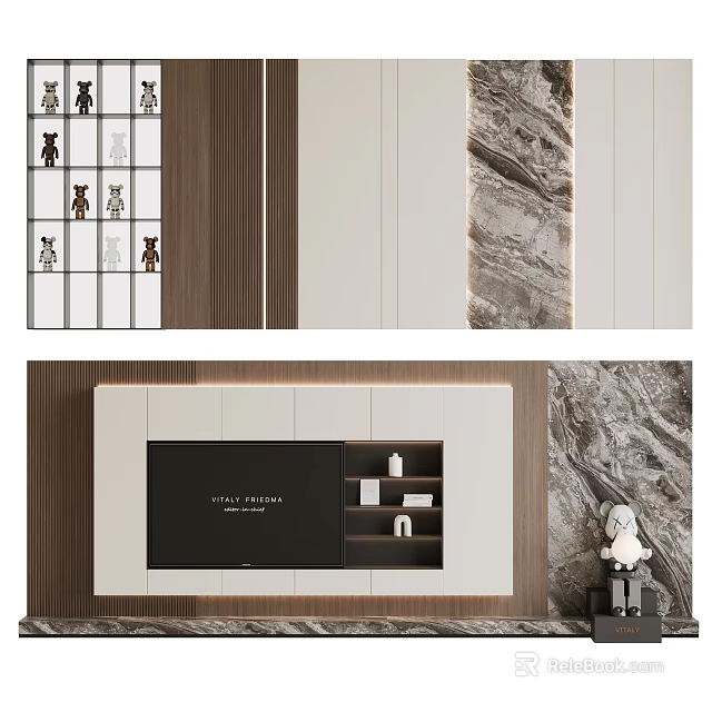 Modern Living Room Background Wall with Wooden Marble Texture White Storage Cabinets TV Area 3d model 