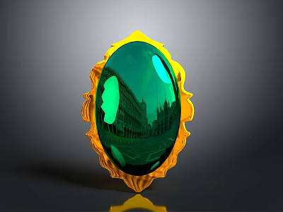 Green Oval Gemstone With Golden Ornate Frame And Building Reflection On Surface 3d model