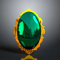 Green Oval Gemstone With Golden Ornate Frame And Building Reflection On Surface