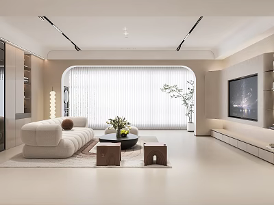 Modern Living Room With White Sofa Coffee Table Window TV Cabinet And Potted Plant 3d model