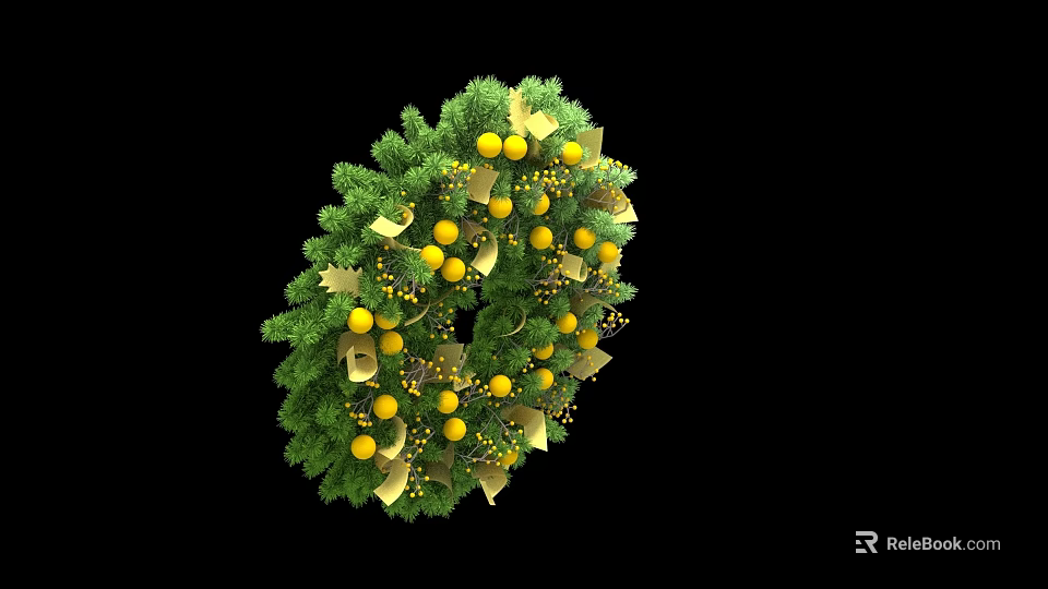 Handmade Green Wreath Sculpture Carving With Yellow Balls And Golden Leaves On Black Background 3d model 