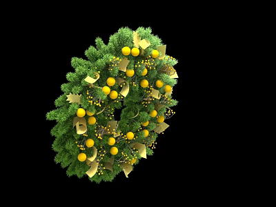 Handmade Green Wreath Sculpture Carving With Yellow Balls And Golden Leaves On Black Background 3d model