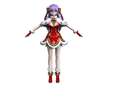 Woman with purple twin ponytails wearing red gold dress white fur trim red gloves boots 3d model