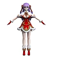 Woman with purple twin ponytails wearing red gold dress white fur trim red gloves boots