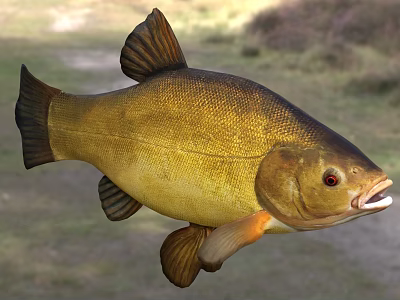 Golden Carp Fish With Shiny Scales Red Eyes And Open Mouth In Natural Environment 3d model