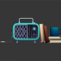 Vintage Blue Radio With Stacked Books And Blue Mug On Dark Surface