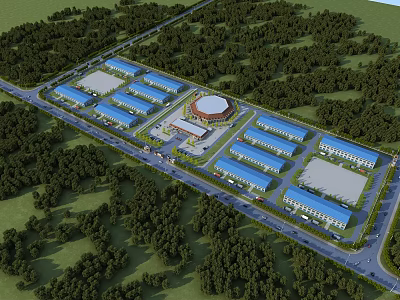 Industrial Factory Complex With Well Arranged Plants Circular Building And Green Trees 3d model