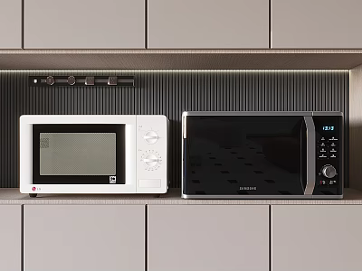 Two White and Black Microwaves Kitchen Appliances on Gray Cabinets with Striped Backsplash 3d model