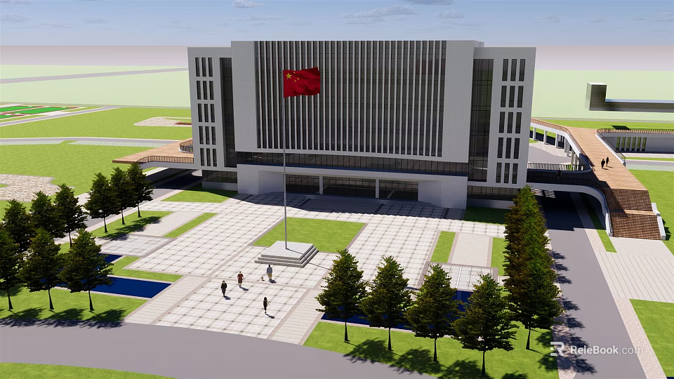 Modern Office Building Exterior With Chinese Flag Plaza Trees And People Walking 3d model 