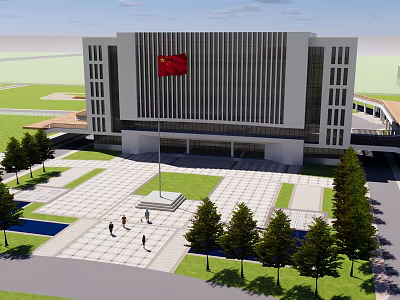 Modern Office Building Exterior With Chinese Flag Plaza Trees And People Walking 3d model