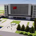 Modern Office Building Exterior With Chinese Flag Plaza Trees And People Walking