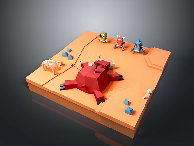 Vibrant Desktop Ornaments On Orange Base With Red Crab Figurine Colorful Models And Blue Cubes 3d model
