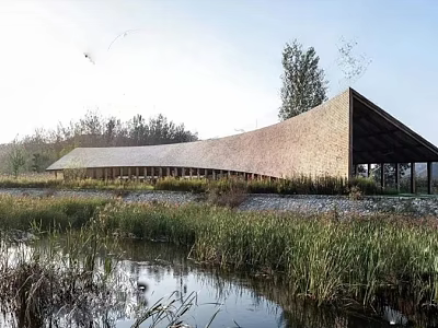 Modern Tourist Center With Curved Roof Amidst Waterfront Reeds And Trees 3d model