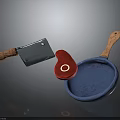 Silver Kitchen Knife Red Round Object And Blue Pan With Wooden Handles