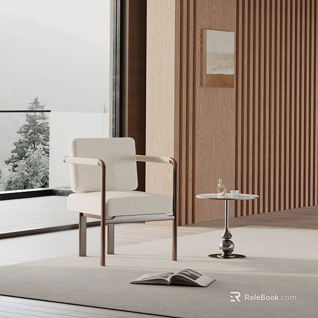 Modern Fabric Upholstered Dining Chair With Wooden Frame And Side Table In Bright Indoor Space 3d model 