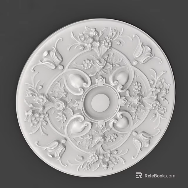 Decorative White Circular Ceiling Medallion with Ornate Floral and Leaf Relief Patterns 3d model