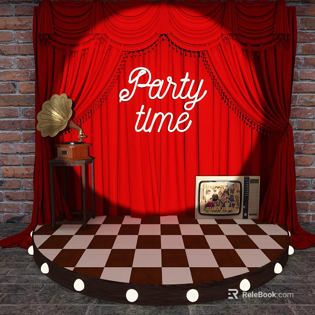 Vintage Party Stage With Red Curtains Brick Wall Gramophone And Checkerboard Floor 3d model 