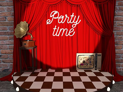 Vintage Party Stage With Red Curtains Brick Wall Gramophone And Checkerboard Floor 3d model