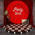 Vintage Party Stage With Red Curtains Brick Wall Gramophone And Checkerboard Floor