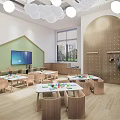 Bright Colorful Kindergarten Interior With Reception Desk Bookshelves And Decorative Lights