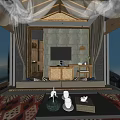 Hotel Room Interior With Canopy Bed Woven Texture Wall Large Windows And Mountain View 3d model