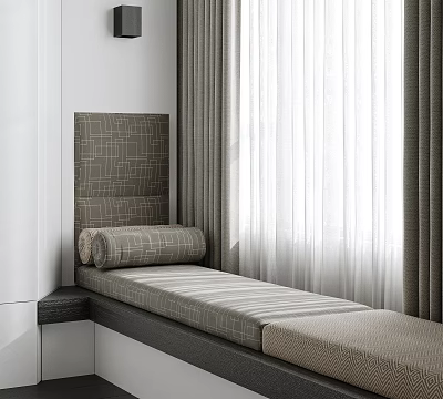 Modern Bay Window Seat With Cushioned Bench And Sheer White Curtains 3d model