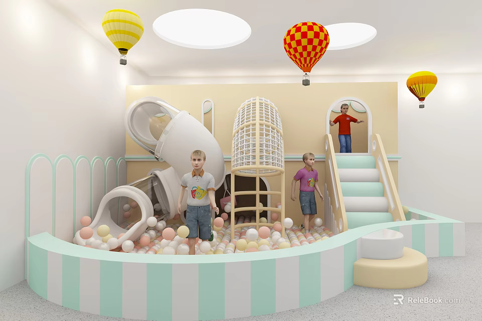 Indoor Kids Play Area With Colorful Ball Pit Slide Climbing Structure And Hot Air Balloons 3d model 