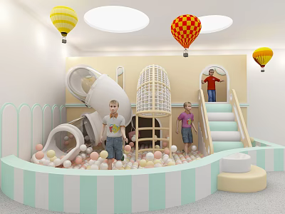 Indoor Kids Play Area With Colorful Ball Pit Slide Climbing Structure And Hot Air Balloons 3d model